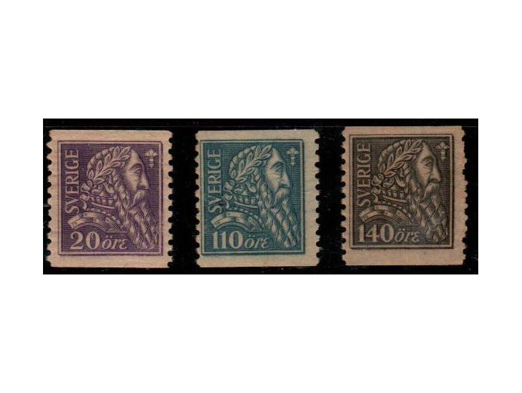 Sweden 1921 King Gustaf V, MiNr 141W–143W | SG 145–147. Complete set of three unmounted mint stamps. Fresh, full original gum