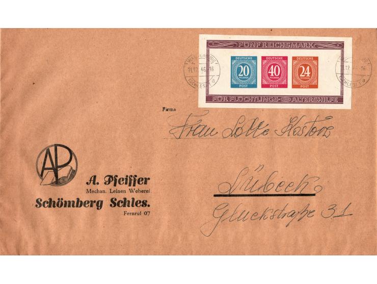 1946, Allied Zones, Stamp Exhibition Perf. and Imperf. blocks on 2 covers, canceled ‘Berlin 11.12.46. + Waldenburg’ &nbsp; ‘5