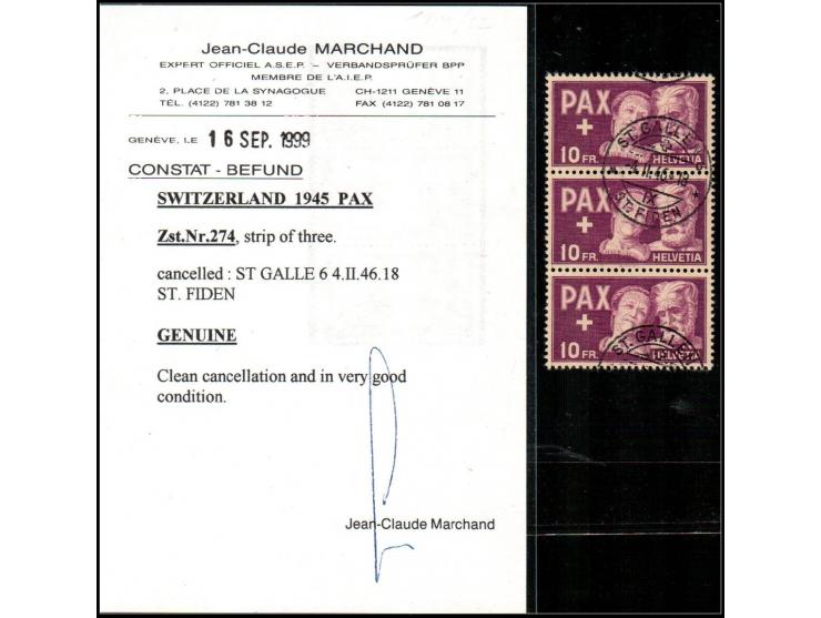 &nbsp;Swittzerland 1945 PAX Zst. Nr. 274, strip of three. cancelled ‘ST GALLE 6.4.ii.46.18 ST. FIDEN.’Clean cancellation and 