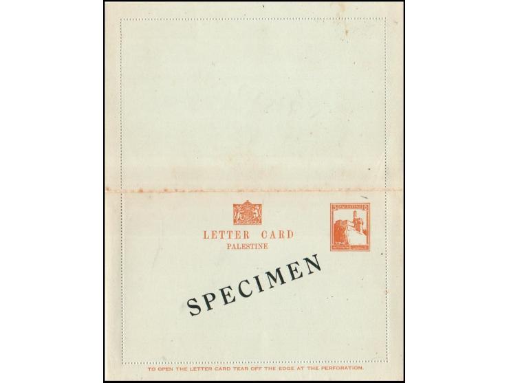 Palestine 1927, stationery letter card overprinted "SPECIMEN" in black. Never issued. 5m yellow-orange on blue-grey, very fin