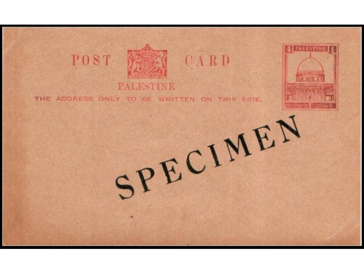 Palestine Postal Stationery Card – Bale/Dorfman SPC‑1 (120 × 75 mm), printed in English only, overprinted “SPECIMEN.” &nbsp;r