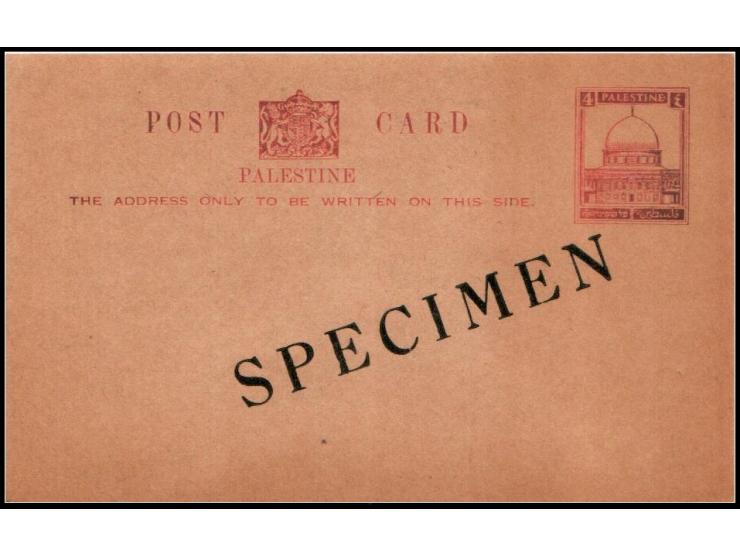 Palestine Postal Stationery Card, Bale/Dorfman SPC‑1, 120 × 75 mm, printed in English only, overprinted “SPECIMEN.” Classifie