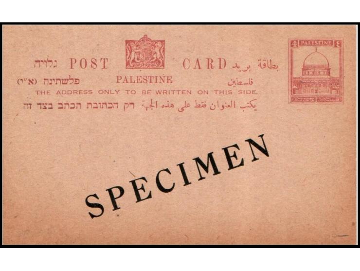 Palestine Postal Stationery Card – Bale/Dorfman SPC 3 (Rose‑red, size 120×75 mm), overprinted “SPECIMEN”. Hebrew &amp; Englis