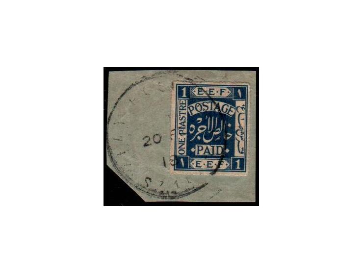 British Mandate Palestine 1918, 1 Pi blue &nbsp;(SG 19), used on a cut-out dated 20 February 1918.