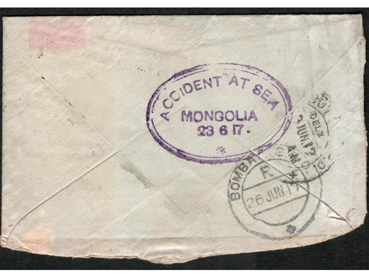 Mongolia. 1917 (May 31). Cover from London to Calcutta, water stamping and the stamp washed off, hand-stamped oval "ACCIDENT 