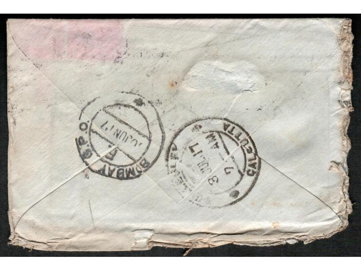 Mongolia. 1917 (May 31) Cover from London to Calcutta, entertaining, with 1d stamp hand, stamped oval "ACCIDENT AT SEA / MONG