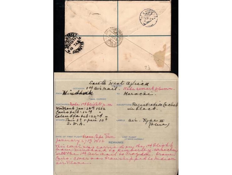 South Africa 1932 (26.1) South west Africa First Flight cover to Calcutta , Registered (air label type II, blue &amp; box cac