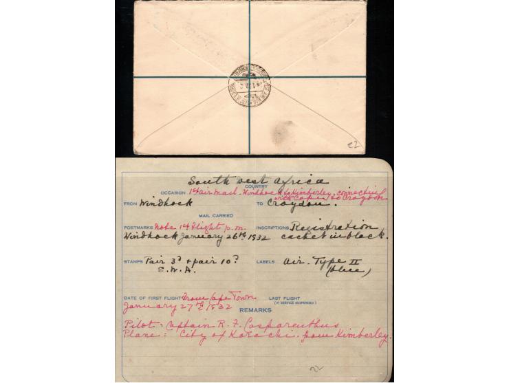 South Africa 1932 (26.1) South west Africa First Flight cover addressed to England, Registered (air label type II, blue &amp;
