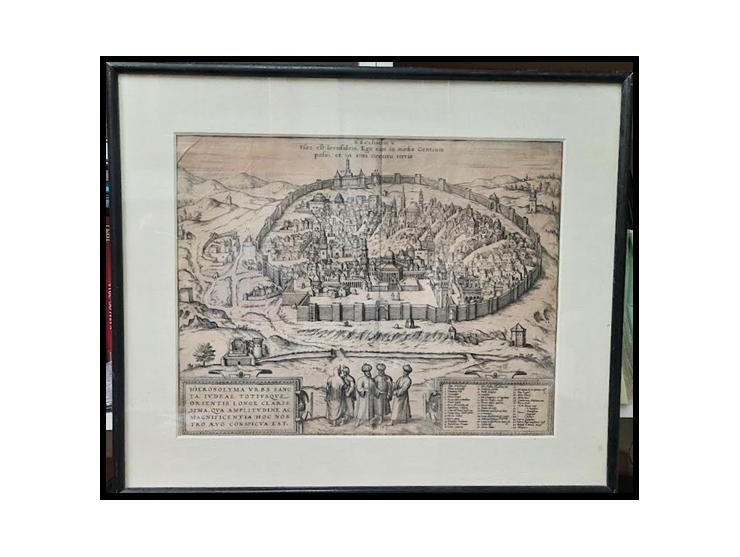 Jerusalem Map - Hierosolyma urbs Sancta, 1576, Braun and Hogenberg's etching of Jerusalem was printed in Cologne by T. Gramin