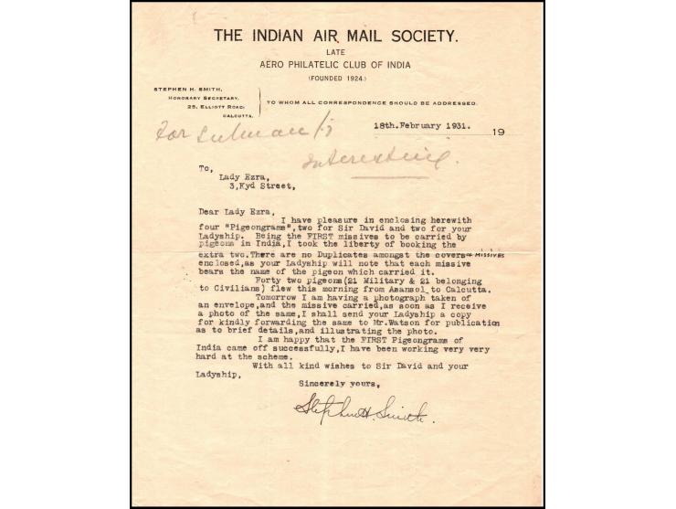 Stephen H. Smith Signed Letters — India’s First Pigeongrams &amp; Early Airmail, 1931–1932A remarkable pair of letters from S