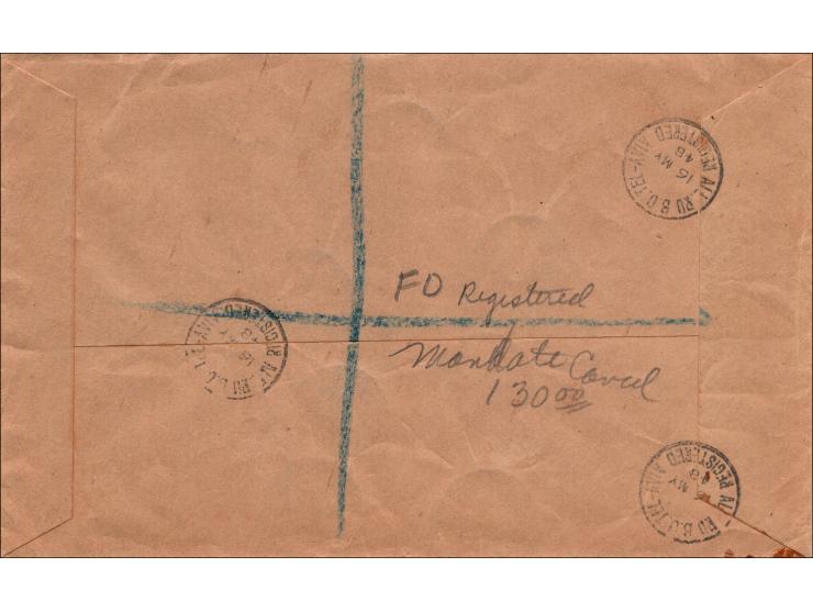 194.  R-cover sent from Tel Aviv dated 16 MY 48 franked stamps 1-9 Doar-Ivri with auth tabs. arrival pmk on beck mandatory po
