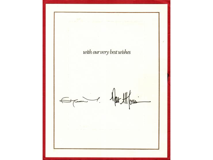 King Hussein I and Queen Noor's Autographes.1995, Autographed Personal Greeting Card featuring King Hussein I and Queen Noor 