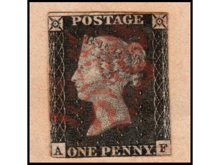 1p black penny SG #1 England 1862 stamp, cancelled with red postmark.
a cardboard sheet dated 1982, measuring 190mm by 270mm,
