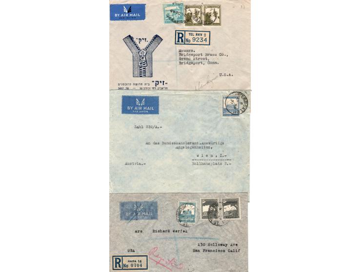 British Mandate Palestine 1926 - 1948 lot of 9 registered air mail envelopes. Each envelope features commercial advertisement