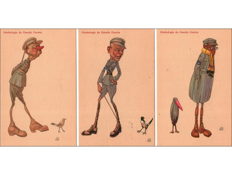 Ornithology of the Great War: Collection of Eight Postcards by the League of Combatants in 1937. The postcards feature carica
