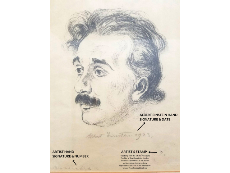 Einstein &amp; Struck: Iconic Signatures on Magnificent Original Portrait Drawing.           
This remarkable lot features an