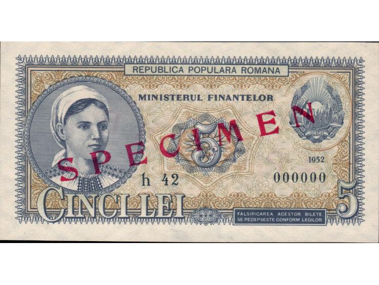 5 Lei Unc Specimen Banknote From Romania 1952 Pick-83s Very Rare