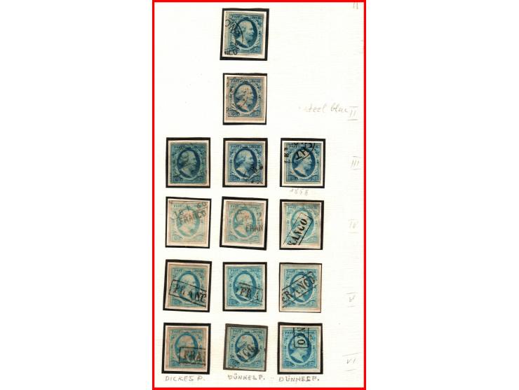1852 - 1864. MiNr: 1-6. (53 diff stamps) The first stamp issues of the Netherlands. Essays, &nbsp;used, colors, and character