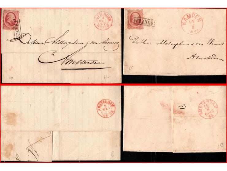1865-1868, Netherlands, lot of 4 folded letters, all tied by Type 1D "FRANCO" in frame cancel.1865: Kampen to Amsterdam, fran