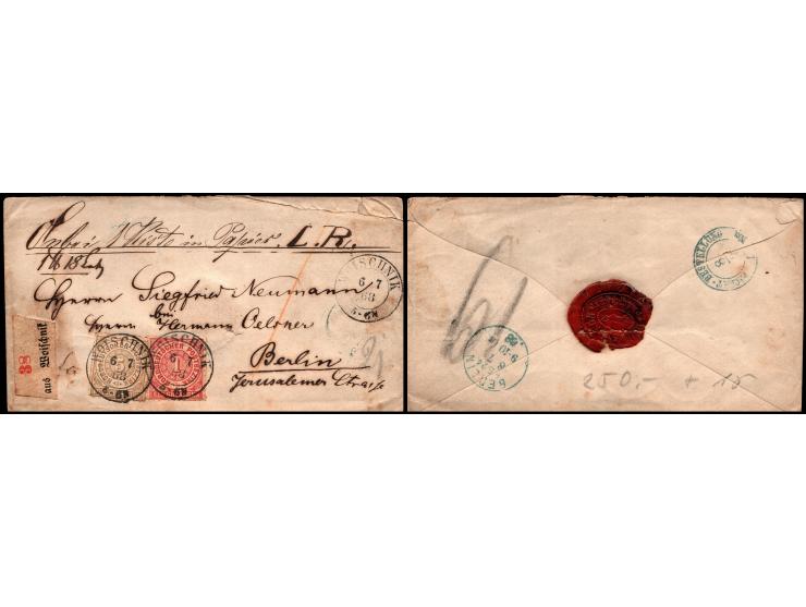 North German Confederation 1868-1870 lot of 4 covers:&nbsp;1gr rose and 2gr blue tied with box cachet &nbsp;Jordansmuhl to Br