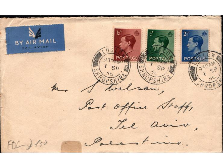 Great Britain, 1 September 1936 airmail cover to Tel Aviv, Palestine, franked with ½d green (SG 457) and 2½d blue (SG 460) Ki