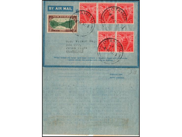 New Zealand, 1947 airmail letter card to Petah Tikva, Palestine, franked with a 2d green Peace issue (Scott #223) and five 1d