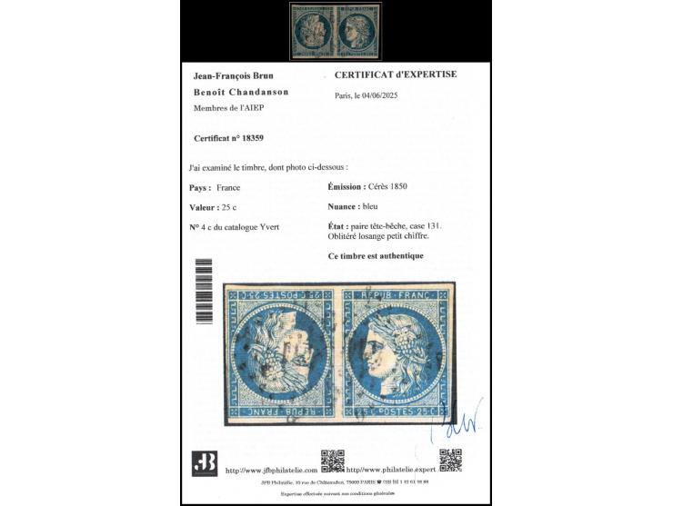 France 1850 – 25 c Cérès Blue (Yvert 4 c)Horizontal tête‑bêche pair (case 131), cancelled small‑numeral lozenge. Faultless ap