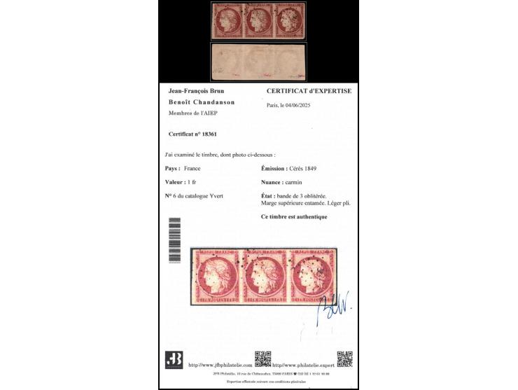 France 1849 – 1 fr Ceres Carmine (Yvert 6)Used, cancelled 3‑bar grid; upper margin damaged and slight crease. Photo certifica