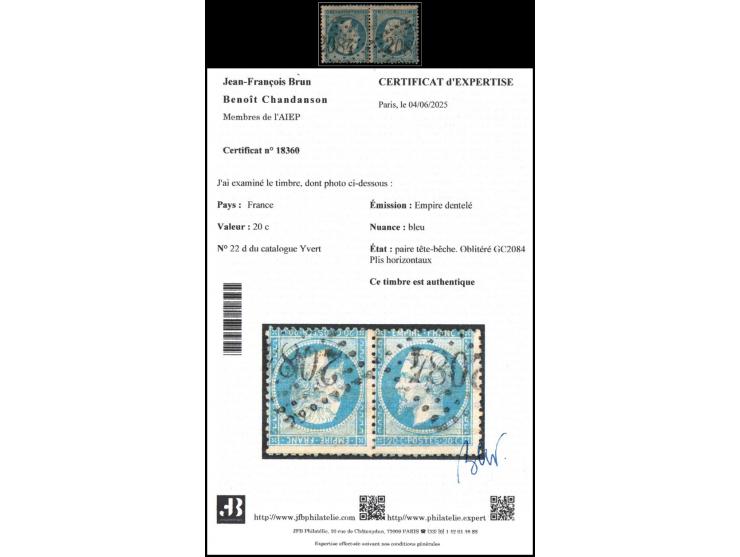 France 1863 – 20c Blue, Serrated Empire (Yvert 22d) — Tête-bêche pair, cancelled GC 2084Jean‑François Brun's certificate, dat