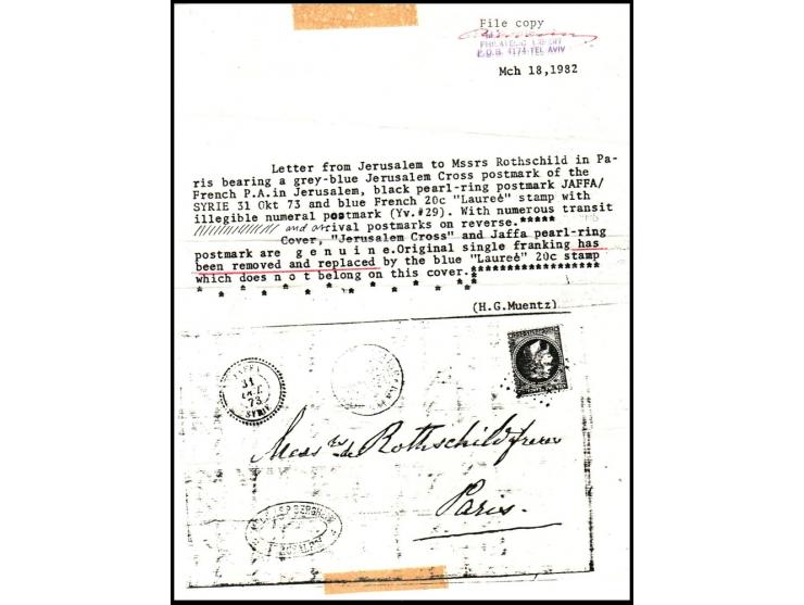 Holy Land (French Post Office) 1873, cover from Jerusalem to Paris bearing a genuine grey-blue "Jerusalem Cross" postmark of 