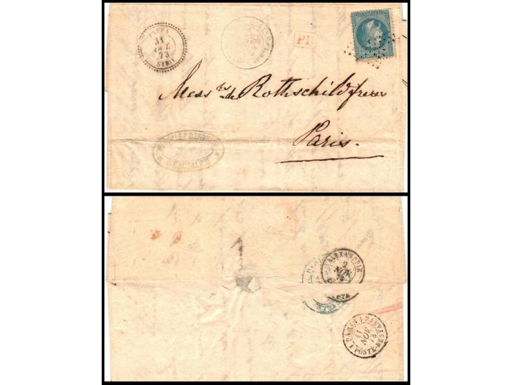 Holy Land (French Post Office) 1873, cover from Jerusalem to Paris bearing a genuine grey-blue "Jerusalem Cross" postmark of 