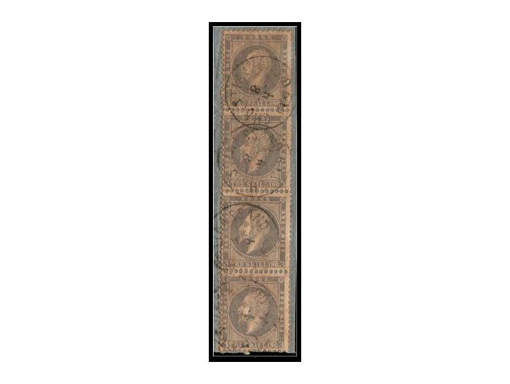 Norway 1856. Vertical strip of 4 stamps on piece, used. Catalog: Michell. 3, SG 6. Catalog value €260.