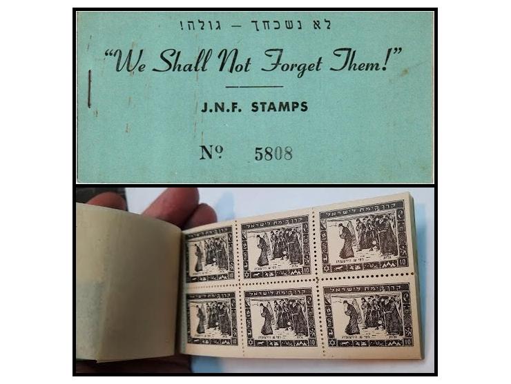 JNF 1944 – Diaspora Issue (Hirschberg Design). Original booklet, incomplete with first pane missing 2 of 6 stamps. Catalog: R