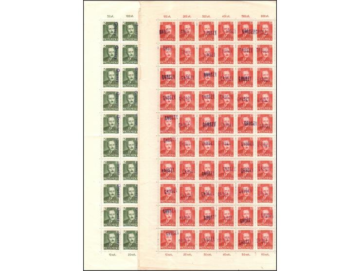 1950 Poland: Collection of 4 sheets with "GROSZY" overprint. Catalog MiNr: 621,622,650 &amp; 651.Two sheets of 140 stamps &am