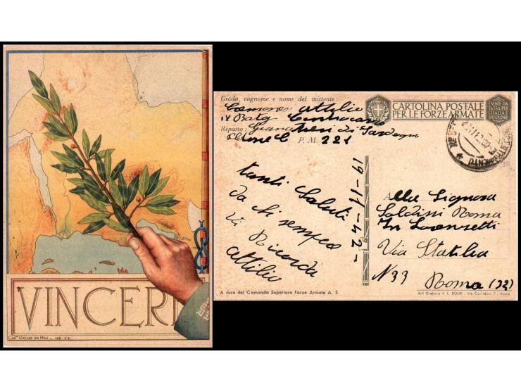 Italy WWI patriotic postcard “VINCERÒ”, featuring a laurel branch over Italy map. Postmarked 19 Nov 1918, mailed on official 
