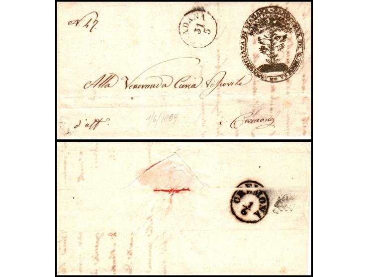 Letter from Vladana to Cremona with single circle pmk sent on 31-V-1855; parocchial cache "Parocchia di Maria Annunciata di V