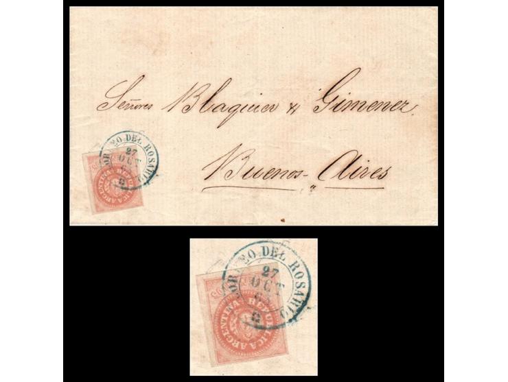 Argentina ,1863 (Oct 27) Entire letter franked with 5c Rose Escudito (Scott #10) stamp, cancelled by blue circular “20 DEL RO