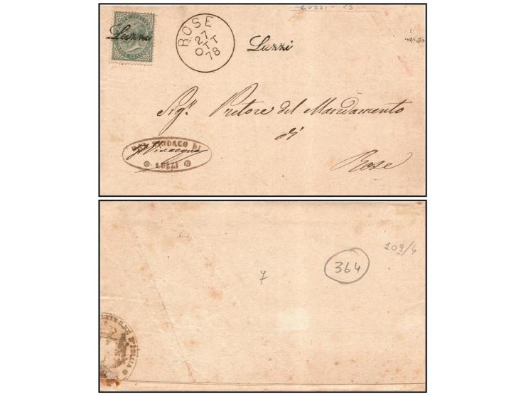Kingdom of Italy , 1878 (27 Ott.) Official letter from the Mayor of Luzzi to the Magistrate of Rose.Folded cover franked with