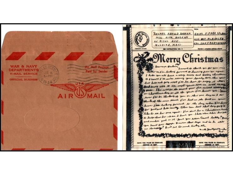 1944 WWII military airmail cover and V-Mail airgraph, marked “War &amp; Navy Departments V-Mail Service” and “Official Busine