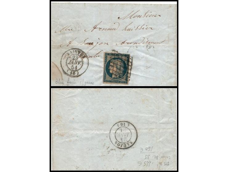 France, 1851, Folded letter 23 February from Saintes to Saujon, franked with Cérès 25c dark blue on yellowish paper, tied by 