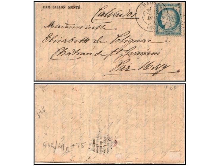 FRANCE – 1870 (17 Nov.) PAR BALLON MONTÉ – “Le Général Ulrich” night flight to NiortFolded letter franked with 1870 20c Cérès