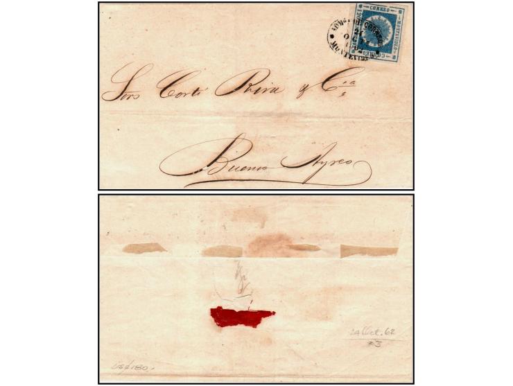 Uruguay, 1860 120c Blue "Sunhead" on Entire to Argentina1859 "Sunhead" Issue, 120 centésimos dark blue (1860 printing), wide 