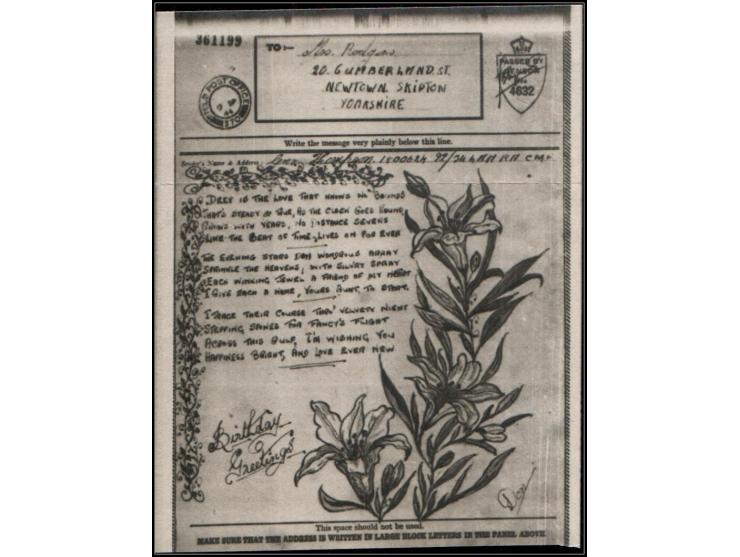 Great Britain, 1944 WWII Illustrated Birthday AirgraphAttractive WWII Airgraph featuring a lily illustration, used for birthd