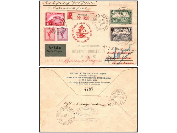 LUXEMBOURG – 1933 (16 July), LZ 127 “Graf Zeppelin” 4th South America Flight Cover to BrazilRegistered Zeppelin cover franked