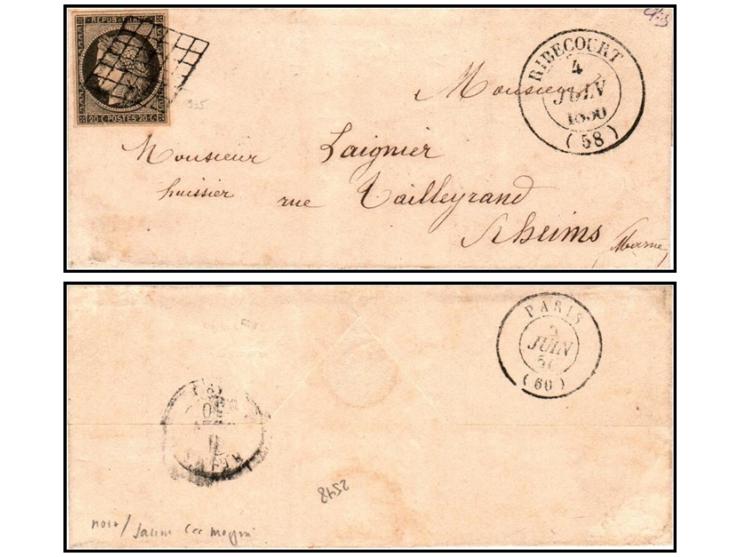 France 1849 Cérès 20c black on yellow (Yv. 3, SG 3, Michel 3) on cover, cancelled by clean “belle grille” and Ribécourt Type 