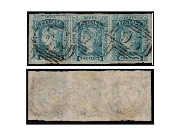 New South Wales 1854, QV Imperforate 2d, Fine Used Strip of Three — SG 84Fine used strip of three 2d ultramarine imperforate 