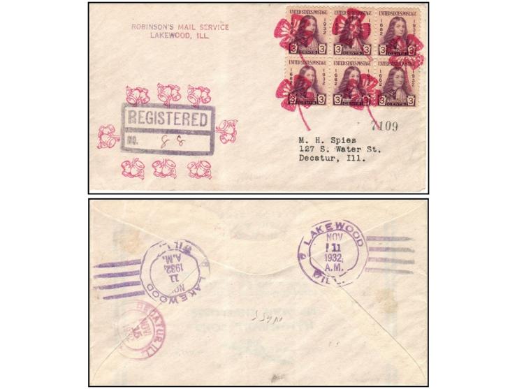United States – 1932 Lakewood, IL Registered Cover, Fany cancelNovember 11, 1932, envelope to Decatur, IL, franked with 3¢ Wi