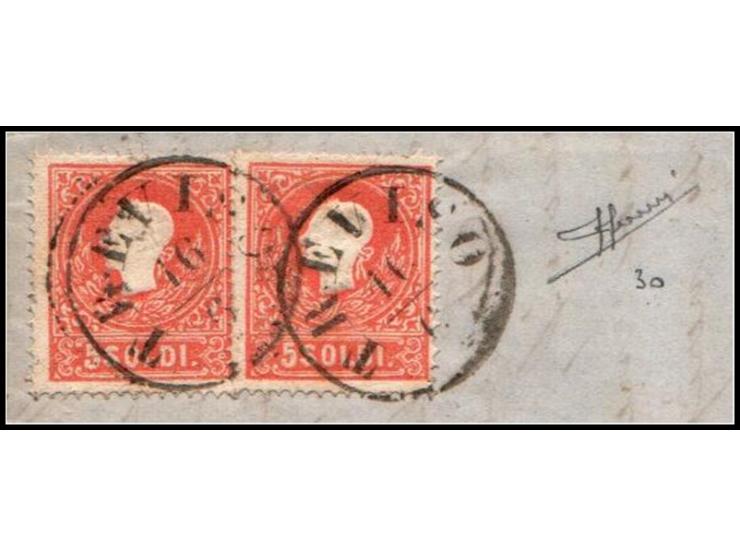 Italian States – Lombardy–Venetia, 1860s Cover to Udine. Folded cover franked with two single 5 soldi Type II in red (Sassone