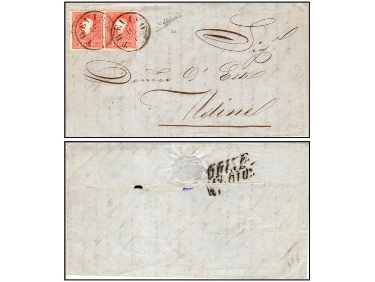 Italian States – Lombardy–Venetia, 1860s Cover to Udine. Folded cover franked with two single 5 soldi Type II in red (Sassone