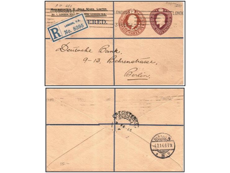 Great Britain, 1914 (3 Feb.). Registered postal stationery envelope (King Edward VII, 1½d+1½d indicia) from Modderfontein B. 